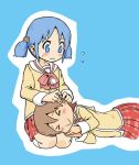  &gt;_&lt; aioi_yuuko blue_eyes blue_hair bow brown_hair hair_cubes hair_ornament lap_pillow mimikaki multiple_girls naganohara_mio nichijou nishikun school_uniform short_hair short_twintails skirt twintails 