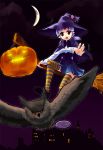  candy capelet castle crescent flying halloween hat heart jack-o&#039;-lantern jack-o'-lantern lollipop mizuki_ame moon night night_sky open_mouth original outstretched_arm outstretched_hand owl pointy_ears pumpkin purple_hair red_eyes short_hair sky solo striped striped_legwear thigh-highs thighhighs twintails witch_hat 