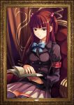  armband belt blue_eyes book bowtie frame hair_bobbles hair_ornament jewelry long_hair long_sleeves ougon_musou_kyoku pleated_skirt portrait red_hair redhead ring sitting skirt solo thigh-highs thighhighs twintails two_side_up umineko_no_naku_koro_ni ushiromiya_ange 