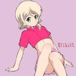  blonde_hair blue_eyes bob_cut emily_armond female green_eyes gundam gundam_age kikumaru_bunta looking_at_viewer midriff panties pantyshot pantyshot_(sitting) pantyshot_sitting short_hair simple_background sitting skirt solo striped striped_panties underwear 