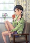  bad_id barefoot black_hair brown_eyes cardigan chair collarbone cup curtains feet feet_on_chair flower hashi jewelry long_hair looking_at_viewer mug original plaid_shorts ponytail ring shorts sitting solo window 