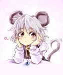 1girl ahoge animal_ears blush bored capelet chin_rest dress face gem grey_dress grey_hair hands hands_on_own_cheeks hands_on_own_face harusame_(unmei_no_ikasumi) jewelry mouse_ears mouse_tail nazrin necklace pendant red_eyes shirt short_hair solo tail tail_raised touhou