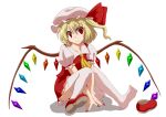  ascot bad_id blonde_hair collarbone flandre_scarlet hat highres kugimura_kei nail_polish red_eyes side_ponytail single_shoe sitting skirt smile solo the_embodiment_of_scarlet_devil thigh-highs thighhighs touhou v_arms white_legwear wings 