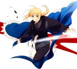  ahoge androgynous bad_id blazer blonde blonde_hair fate/stay_night fate/zero fate_(series) formal green_eyes high_res highres jacket kaisen necktie pants ponytail saber smile solo suit vest waistcoat 