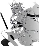  animal_ears armpits bare_shoulders breasts elbow_gloves fox_ears fox_tail gloves impossible_clothes impossible_clothing izuna_(shinrabanshou) large_breasts long_hair monochrome multiple_tails open_mouth scroll shinrabanshou simple_background solo tail thigh-highs thighhighs yosimura zettai_ryouiki 