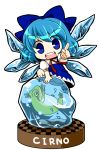  barefoot blue_eyes blue_hair bow character_name checkered chibi cirno dress frog hair_bow highres ice open_mouth ribbon short_hair smile socha solo touhou wings 