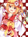  aru16 blonde_hair bow detached_sleeves fang flandre_scarlet flower highres japanese_clothes kimono obi open_mouth red_eyes ribbon short_hair side_ponytail smile solo the_embodiment_of_scarlet_devil thigh-highs thighhighs touhou white_legwear wings zettai_ryouiki 