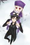  age_difference black_hair carrying coat emiya_kiritsugu facial_hair fate/stay_night fate/zero fate_(series) father_and_daughter footprints hat heirou highres illyasviel_von_einzbern long_coat long_hair red_eyes shoulder_carry silver_hair snow snowing stubble tree trench_coat white_hair 