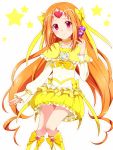  boots bow brooch bubble_skirt choker circlet cure_muse cure_muse_(yellow) dress fairy_tone frills gathers hair_ribbon heart jewelry long_hair magical_girl mekurata_meda orange_hair precure red_eyes ribbon ruffles shirabe_ako smile solo suite_precure white_background yellow_dress 