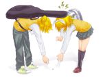 bag blonde_hair bow coin guitar_case hair_bow highres instrument_case kagamine_len kagamine_rin outstretched_arm pleated_skirt reaching siblings simple_background skirt sweater_vest sweeter_(h110111) twins vocaloid 