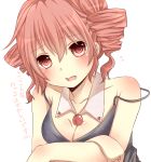  bad_id breasts cleavage drill_hair fang heart heart-shaped_pupils heart_eyes kasane_teto open_mouth pink_hair red_eyes short_hair short_twintails solo symbol-shaped_pupils translated translation_request twin_drills twintails utau yamasuta 