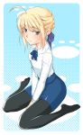  ahoge bad_id black_legwear blonde_hair blue_eyes casual dress fate/stay_night fate_(series) hair_ribbon pantyhose ribbon saber sitting solo tihs00 wariza 