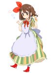  apron bad_hands bad_id blush boots bow brown_hair dress hair_bow highres hirasawa_yui k-on! ribbon short_hair solo spoon sunameri_oishii 