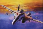  airplane cloud dusk flying highres jet luca_angeloni macross macross_frontier mecha mikhail_buran official_art s.m.s. saotome_alto science_fiction tenjin_hidetaka vf-25 