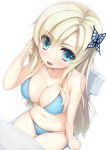  :d adjusting_hair blonde_hair blue_eyes blush boku_wa_tomodachi_ga_sukunai breasts butterfly_hair_ornament chair cleavage from_above front-tie_top hair_ornament kashiwazaki_sena large_breasts long_hair looking_at_viewer navel open_mouth shiva_(executor) side-tie_bikini sitting smile solo swimsuit table 