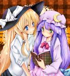  amefurasy blonde_hair blue_eyes book bow breasts cleavage crescent green_eyes hat kirisame_marisa long_hair multiple_girls open_clothes open_shirt patchouli_knowledge purple_hair shirt touhou witch witch_hat yuri 