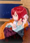  bed_sheet green_eyes inazuma_eleven inazuma_eleven_(series) jacket_on_shoulders kiyama_hiroto male night night_sky pajamas red_hair redhead shirakino short_hair sky smile solo star star_(sky) starry_sky towel window 