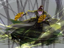  1boy avatar:_the_last_airbender avatar_legends bamboo brown_hair crossdressinging dual_wielding fan folding_fan headband male ponytail sokka solo yoku_(liuyc) 