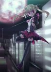  bat black_gloves black_legwear blonde_hair brooch cityscape fang full_moon gloves hair_ribbon jewelry leg_up moon navel night original red_eyes red_moon ribbon satou_kuuki shoes short_twintails skirt smile solo symbol-shaped_pupils thigh-highs thighhighs twintails 