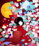  asa_no_ha_(pattern) bad_id bangs black_hair copyright_request hasuhashi japanese_clothes kimono looking_back moon obi patterned red_eyes seigaiha solo unmoving_pattern yagasuri 