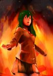  artist_request burning conabe fire green_hair horror kochiya_sanae long_hair miniskirt school_uniform skirt solo surprised touhou uniform 