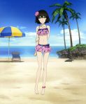  anklet arm_behind_back barefoot beach bikini bikini_skirt black_hair blush bow cloud flower frilled_bikini frills green_eyes hair_flower hair_ornament highres jewelry legs light_smile lounge_chair navel ocean official_art palm_tree parasol polka_dot polka_dot_bikini polka_dot_swimsuit shiina_mayuri short_hair sky smile solo steins;gate swimsuit tree umbrella water 