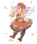  :d animal_ears boots brown_dress dress feathers mitsumoto mitsumoto_jouji mystia_lorelei open_mouth pink_hair salute scarf short_hair smile solo touhou wings 