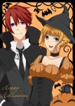  1girl bat beatrice blonde_hair blue_eyes breasts cape choker cleavage corset costume dress elbow_gloves fang gloves halloween happy_halloween hat highres necktie nemu_(nebusokugimi) orange_background red_hair redhead umineko_no_naku_koro_ni ushiromiya_battler witch_hat 