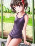  arm_support black_hair blush bow chain-link_fence chainlink_fence collarbone hair_bow looking_at_viewer one-piece_swimsuit original phazer purple_eyes railing school_swimsuit short_hair solo swimsuit violet_eyes 