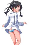  1girl :d a9b_(louis814) ass black_hair blush butt_crack fang francesca_lucchini from_behind green_eyes hair_ribbon long_hair long_sleeves looking_back open_mouth ribbon smile solo strike_witches twintails 