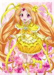  boots bow brooch bubble_skirt circlet cure_muse cure_muse_(yellow) dress frills gathers hair_ribbon heart jewelry long_hair magical_girl nakahira_guy orange_hair precure purple_background red_eyes ribbon ruffles shirabe_ako smile solo standing_on_one_leg star starry_background suite_precure yellow_dress 