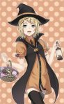  aqua_eyes basket blonde_hair candy hair_ornament hairclip halloween hat heisei_yutorin kagamine_rin lamp short_hair smile solo thigh-highs thighhighs vocaloid witch_hat zettai_ryouiki 