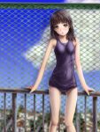  black_hair blurry blush brown_eyes chain-link_fence chainlink_fence cloud depth_of_field looking_at_viewer one-piece_swimsuit open_mouth original phazer railing school_swimsuit sky solo swimsuit 