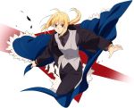  ahoge androgynous bad_id blazer blonde_hair fate/stay_night fate/zero fate_(series) formal green_eyes highres jacket kaisen necktie pants ponytail saber smile solo suit vest waistcoat 