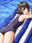  ass black_hair blush brown_eyes inflatable_raft lying on_stomach one-piece_swimsuit original phazer school_swimsuit solo swimsuit water wet 