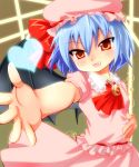  ascot bat_wings blue_hair dress fangs hat heart jewelry nagare open_mouth outstretched_hand pendant red_eyes remilia_scarlet ribbon solo touhou wings 