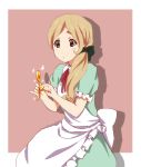  apron blonde_hair blue_eyes dress hair_ribbon k-on! kotobuki_tsumugi long_hair polishing ribbon sitting solo sparkle spoon watanore 