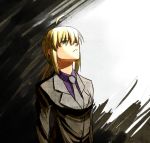  ahoge androgynous bad_id blonde_hair fate/stay_night fate/zero fate_(series) female formal green_eyes highres kenneth_(qq) looking_up necktie pant_suit ponytail reverse_trap saber solo suit tomboy 