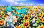  aqua_hair blonde_hair bow detached_sleeves falling flower flower_field hair_bow hair_ornament hair_ribbon hairclip hand_on_chest hand_on_own_chest hands_on_own_chest hatsune_miku headphones highres kagamine_len kagamine_rin megurine_luka nail_polish necktie open_mouth petals photo_background pink_hair ribbon sky sunflower sweeter_(h110111) thumbs_up twintails vocaloid 