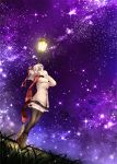 black_legwear boots catbell coat covering covering_face covering_mouth grass grey_hair hair_ribbon highres lamppost looking_up night original ponytail red_eyes ribbon scarf skirt sky solo star_(sky) starry_sky sweater thighhighs 