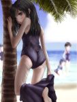  beach black_hair blush brown_eyes cloud leg_lift long_hair looking_back multiple_girls ocean one-piece_swimsuit original palm_tree partially_submerged phazer school_swimsuit shade skirt skirt_down sky standing_on_one_leg swimsuit swimsuit_under_clothes tree undressing water 