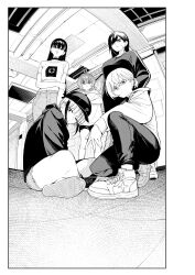  5girls absurdres amate_nano baseball_cap blunt_bangs breasts commentary_request crop_top cropped_shirt crossed_arms crossed_bangs earrings from_below hachimure_kuin hair_over_one_eye hat highres hood hoodie indian_style izumida_fuyuki jewelry kiriya_kaika large_breasts madara_rumble multicolored_hair multiple_girls necklace official_art ponytail scar scar_on_cheek scar_on_face shijou_mifune shirt shoes short_hair_with_long_locks short_ponytail short_shorts short_twintails shorts sitting small_breasts sneakers streaked_hair stud_earrings subaru_reo sweater t-shirt tongue tongue_out twintails two-tone_hair 