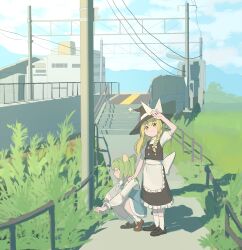  2girls apron ascot black_hat black_skirt black_vest blonde_hair blue_skirt blue_sky blue_vest bow braid brown_shoes building chinese_commentary closed_eyes closed_mouth clouds collared_shirt commentary_request contemporary daiyousei day frilled_shirt_collar frills grass green_hair hair_bow hand_on_another's_shoulder hat hat_bow highres kirisame_marisa loafers long_hair long_sleeves looking_at_viewer missing_wings multiple_girls one_side_up outdoors puffy_short_sleeves puffy_sleeves shi_yu_mu_xi shirt shoes short_sleeves side_braid single_braid skirt sky smile socks squatting stairs touhou utility_pole vest waist_apron white_apron white_bow white_shirt white_socks witch_hat yellow_ascot yellow_bow yellow_eyes 