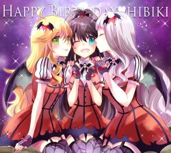  3girls :d :p ;d ahoge ayuko_(ayuco) bat_hair_ornament black_hair blonde_hair blue_eyes brooch character_name closed_mouth commentary_request demon_wings dress fingerless_gloves fingernails ganaha_hibiki garter_straps gloves green_eyes hair_ornament happy_birthday hoshii_miki idolmaster idolmaster_(classic) jewelry kiss kissing_cheek long_hair multiple_girls my_dear_vampire_(idolmaster) nail_polish official_alternate_costume one_eye_closed open_mouth ponytail print_thighhighs project_fairy_(idolmaster) puffy_short_sleeves puffy_sleeves red_dress red_nails shijou_takane short_sleeves smile spider_web_print thigh-highs tongue tongue_out white_hair wings 