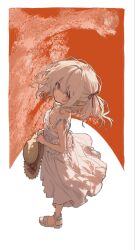  1girl bare_shoulders betteroffffffff blonde_hair commentary dress frills hair_ribbon hat highres holding holding_unworn_clothes holding_unworn_hat looking_at_viewer looking_back makaino_ririmu makaino_ririmu_(3rd_costume) messy_hair nijisanji pointy_ears red_ribbon ribbon sandals short_hair simple_background sleeveless sleeveless_dress solo straw_hat sundress untranslatable_commentary unworn_hat unworn_headwear virtual_youtuber white_dress 
