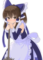  1girl alternate_color alternate_costume apron back_bow bare_shoulders blue_bow blue_dress blush bow brown_eyes brown_hair buttons closed_mouth commentary_request detached_sleeves dress enmaided frills grey_apron grey_bow hair_between_eyes hair_ornament hair_tubes hakurei_reimu hands_up highres maid player_2 ponytail puuakachan short_ponytail simple_background solo standing touhou white_background 