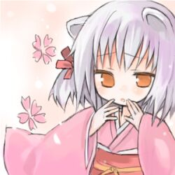  1girl :o amakaze_sora animal_ears blush brown_eyes commentary_request floral_background grey_hair hand_to_own_mouth hands_up japanese_clothes kimono long_sleeves lowres obi original parted_lips pink_kimono sash sleeves_past_wrists solo upper_body wide_sleeves 
