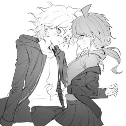  1boy 1girl absurdres ahoge blush collarbone commentary_request danganronpa:_trigger_happy_havoc danganronpa_(series) danganronpa_2:_goodbye_despair from_side genderswap genderswap_(mtf) hair_between_eyes hetero highres hood hood_down jacket kn0309dg komaeda_nagito korean_commentary long_hair long_sleeves medium_hair miniskirt open_clothes open_jacket pants pleated_skirt ponytail shirt simple_background skirt teeth 
