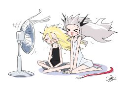  >_< 2girls :d arm_support barefoot black_camisole blonde_hair blush camisole closed_eyes collarbone commentary_request crossed_legs denkou_hayami denkou_setsuka dress electric_fan feet floating_hair flying_sweatdrops forehead full_body generalcanon grey_shorts hair_between_eyes hand_on_ground highres long_hair long_sidelocks motion_lines multiple_girls open_mouth original seiza shorts side-by-side sidelocks simple_background sitting sleeveless sleeveless_dress smile spaghetti_strap sweat sweatdrop very_long_hair white_background white_dress white_hair 