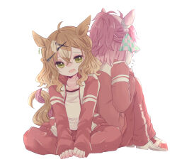  2girls ahoge animal_ears back-to-back braid breasts brown_hair checkered_ribbon collarbone commentary_request dantsu_flame_(umamusume) ear_covers ear_ribbon hair_between_eyes hair_ornament hairband hairclip half_up_braid half_up_half_down_braid highres horse_ears horse_girl horse_tail jacket jewelry jungle_pocket_(umamusume) long_sleeves medium_hair multicolored_hair multiple_girls notched_ear open_mouth pants pink_hairband red_jacket red_pants red_track_suit reya_p_d3 shirt shoes simple_background sitting small_breasts smile tail tracen_training_uniform track_jacket track_pants track_suit umamusume white_hair yellow_eyes 